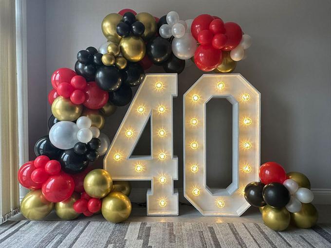 giant birthday number lights with balloon decor